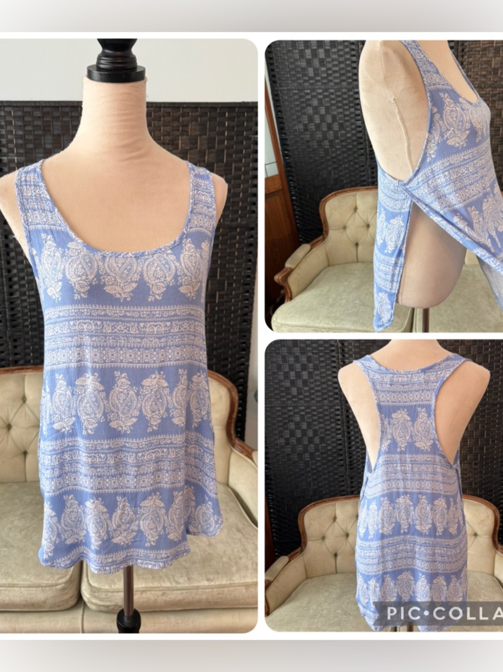 🌀💙 Vintage Havana Blue Paisley Tank Top Boho Racerback Flowy Size S 💙🌀
